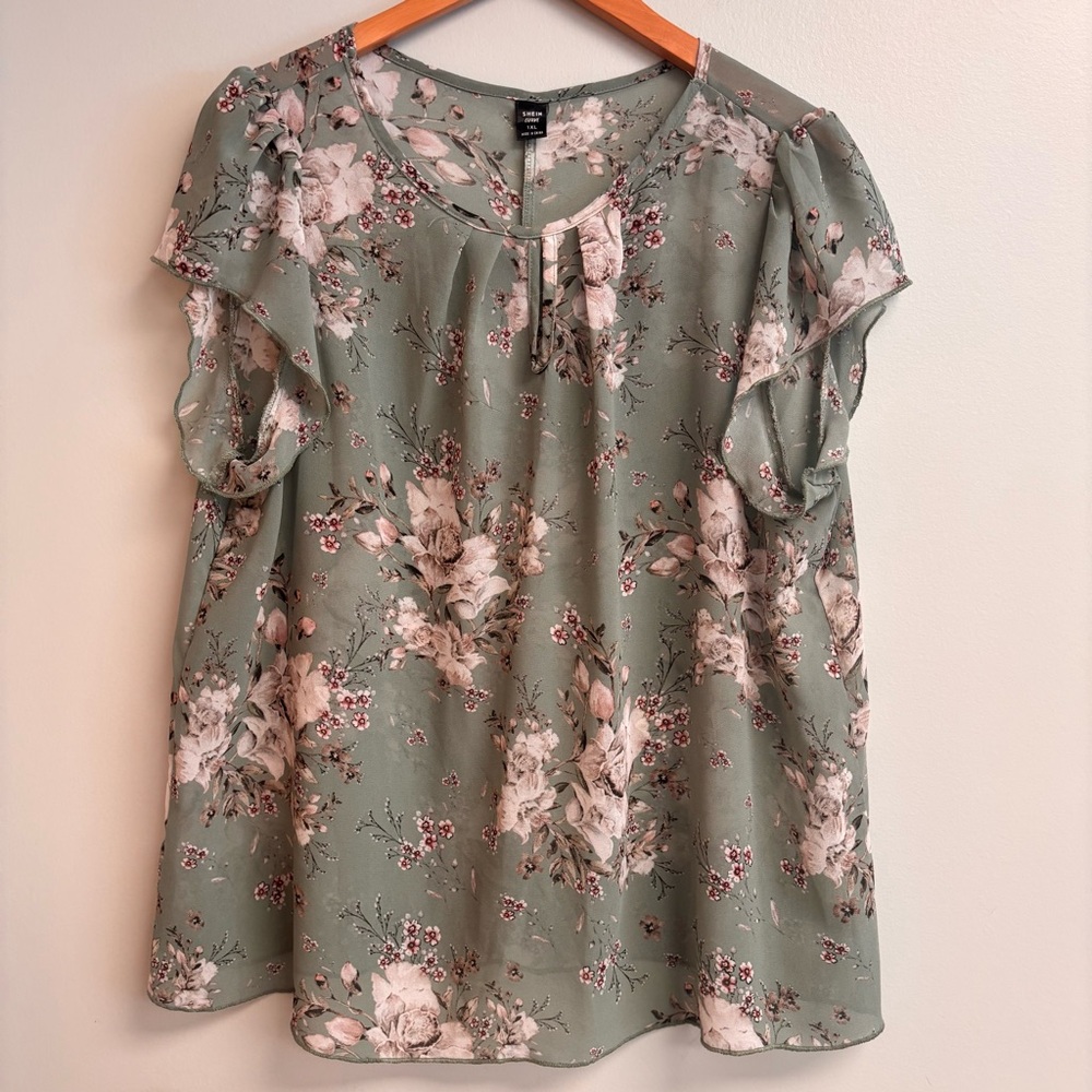 Shein Curve Sage Floral Ruffle Sleeve Blouse Plus Size 1X